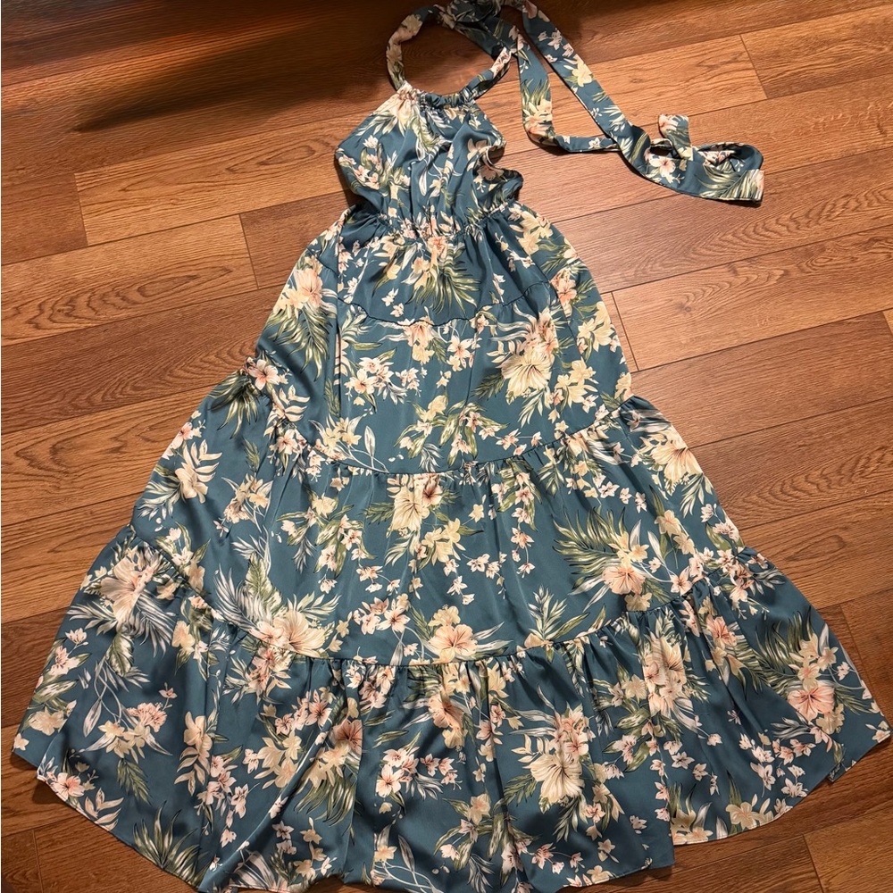 Etiquette Teal Blue Floral Halter Maxi Dress flowy tiered stretch waist sz small